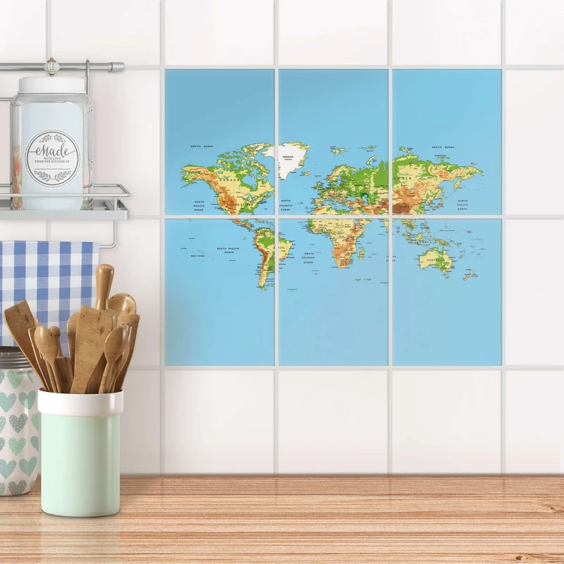 Fliesenaufkleber [hoch] für Küche & Bad - Design: Geografische Weltkarte