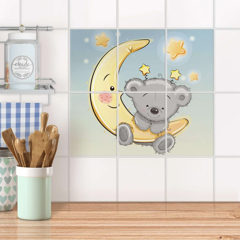 Fliesenaufkleber [hoch] für Küche & Bad - Design: Teddy und Mond