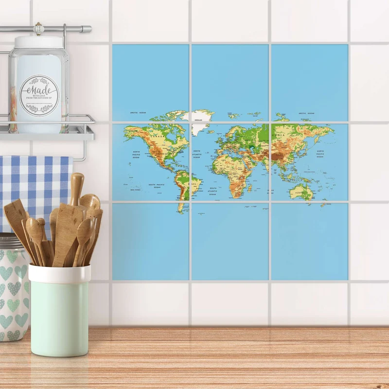 Klebefliesen für Küche & Bad - Design: Geografische Weltkarte