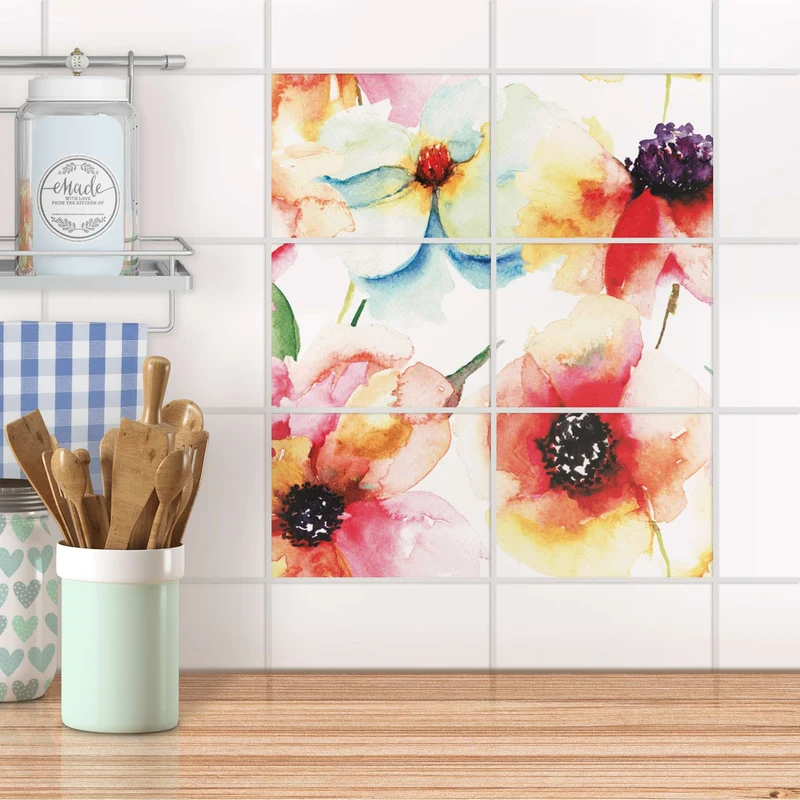 Fliesenfolie [quer] für Küche & Bad - Design: Water Color Flowers