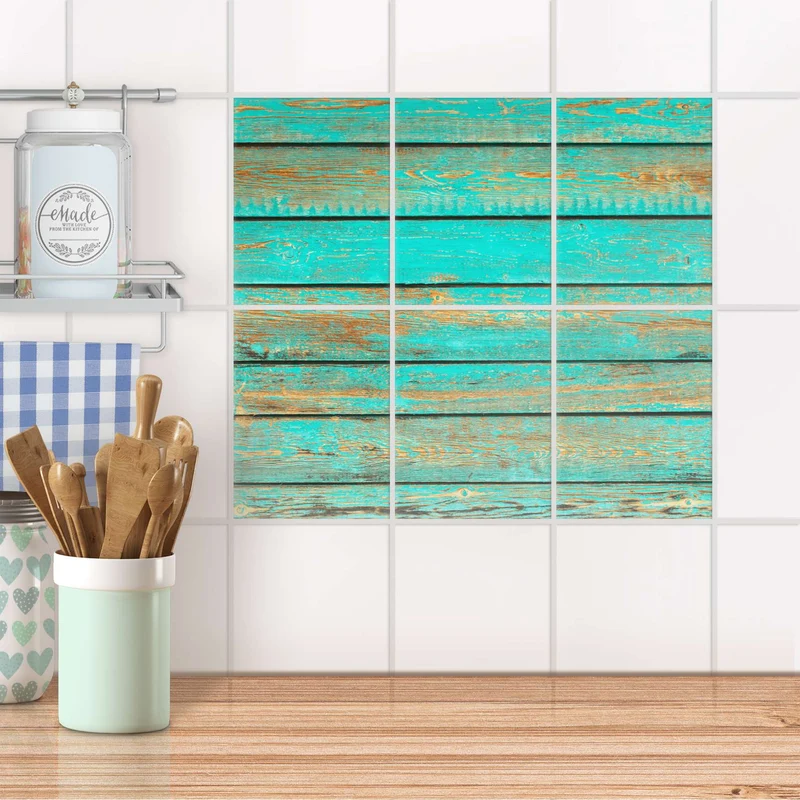 Fliesenaufkleber [hoch] für Küche & Bad - Design: Wooden Aqua