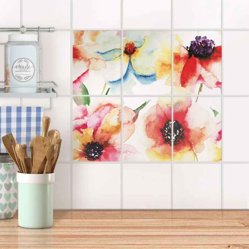 Fliesenaufkleber [hoch] für Küche & Bad - Design: Water Color Flowers