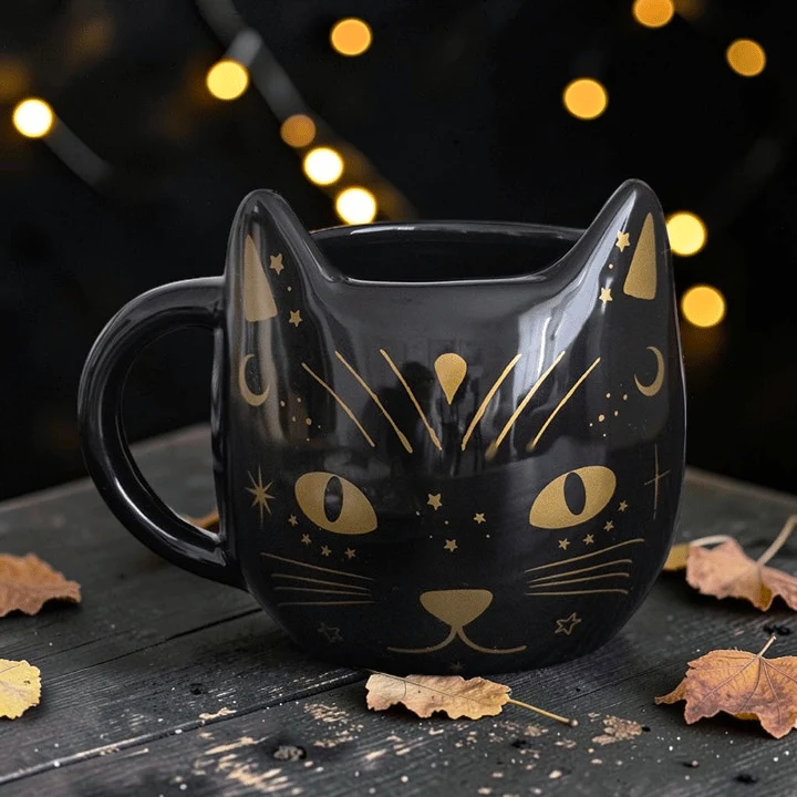 Schwarze Katzen Tasse – Witchy Kaffeebecher mit Katzenkopf Form