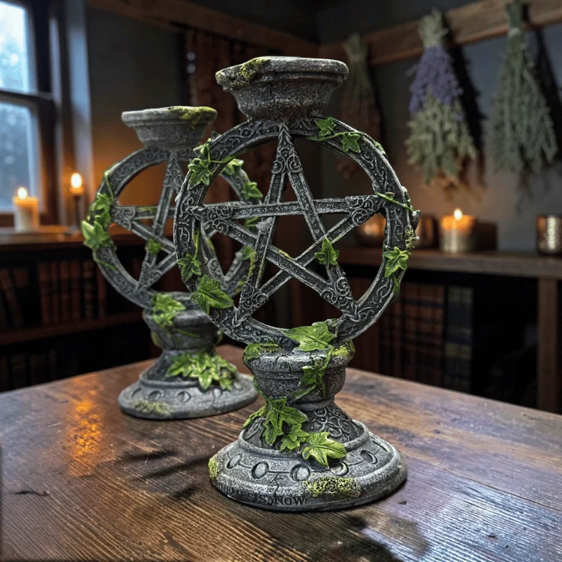 Kerzenständer-Set Pentagramm – 2 gotische Kerzenhalter mit Efeu