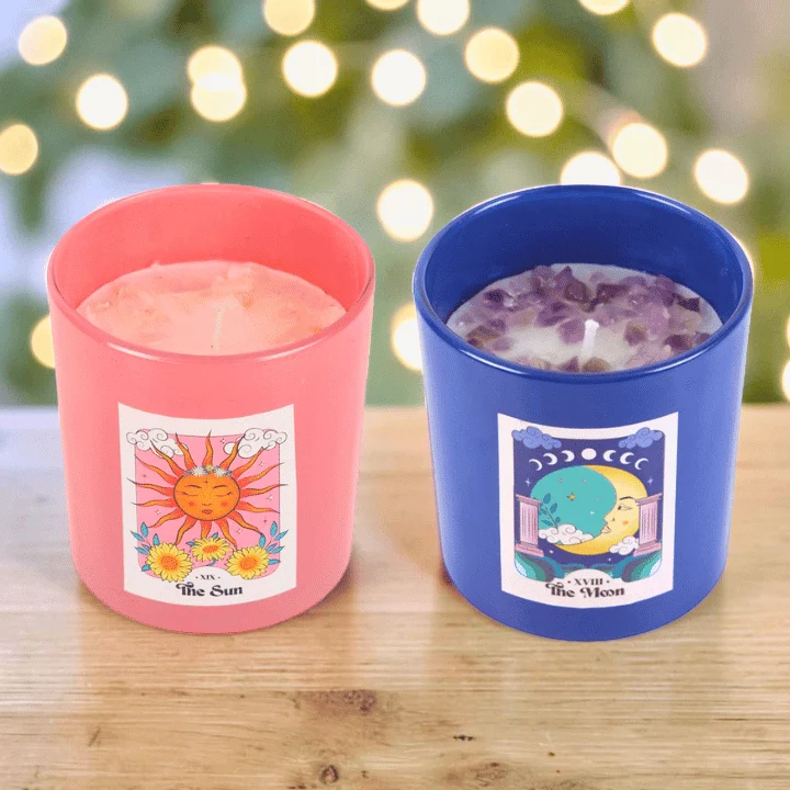Kerzen-Set Sonne & Mond – 2 Kristall-Kerzen mit Amethyst & Rosenquarz