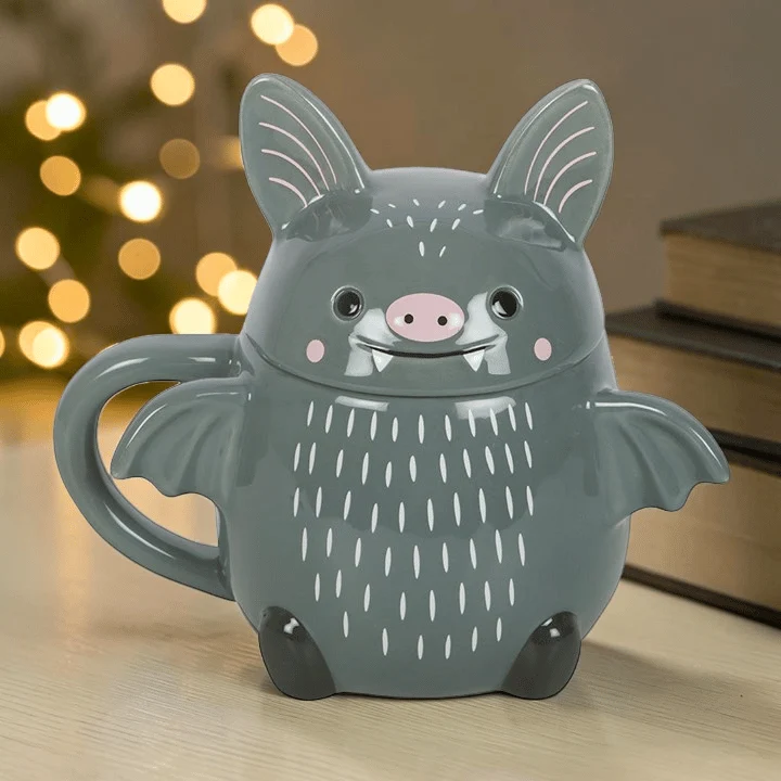 Fledermaus Tasse mit Deckel – Keramiktasse mit Öhrchen