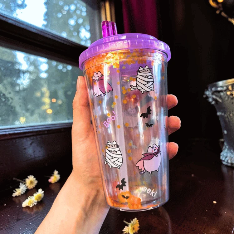 Spooky Pusheen Becher Summerween – Trinkbecher 500ml mit Deckel und Strohhalm