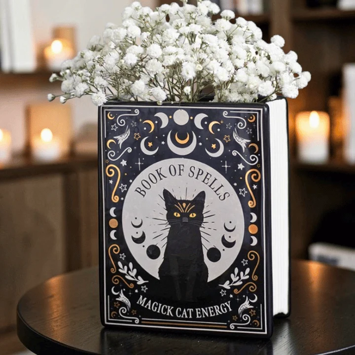 Schwarze Katze Buch Vase – Witchy Blumenvase für Katzenliebhaber