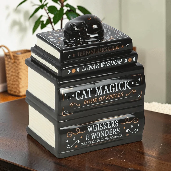 Schwarze Katze Duftlampe Bücherstapel – Witchy Öl & Wax Wärmer