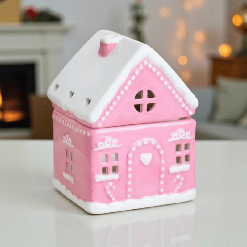Rosa Lebkuchenhaus Duftlampe – Keramik-Ölbrenner für Winter & Weihnachten
