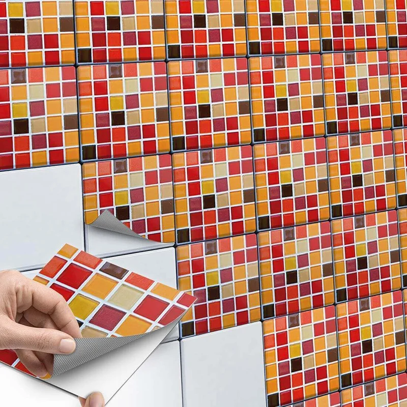 Fliesenaufkleber Set für Küche & Bad - Design: Mosaik Rot-Orange