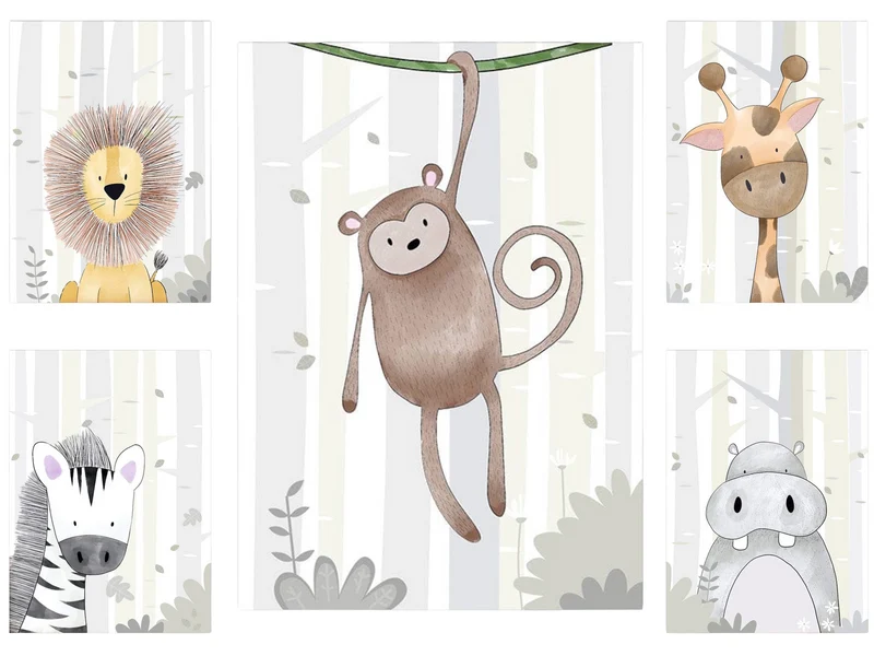 Poster Kinderzimmer Tiere Bilder Giraffe Löwe Zebra Affe Nilpferd als Deko Print ohne Rahmen