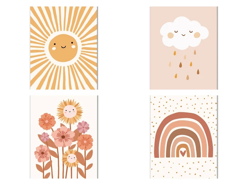 Kinderzimmer Bilder Sonnenstrahlen Blumen Regenbogen Wolke Sonne · Geschenkidee · Deko Print ohne Rahmen