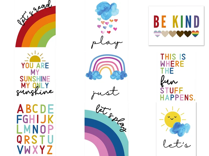 Poster Kinder Regenbogen Sonne Sprüche und Alphabet als Deko Print ohne Rahmen