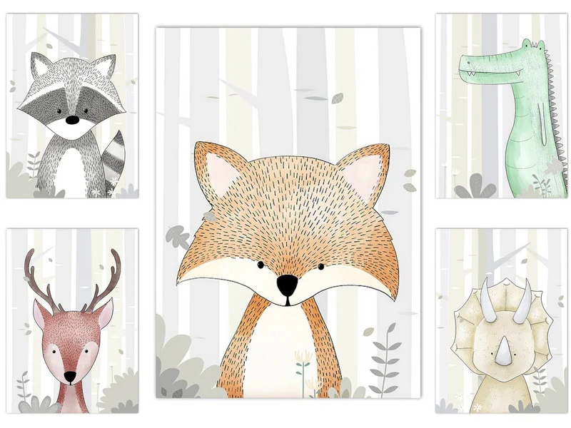 Poster Kinderzimmer Dinosaurier und Tiere Bilder Fuchs Reh T-Rex und Triceratops als Deko Print ohne Rahmen