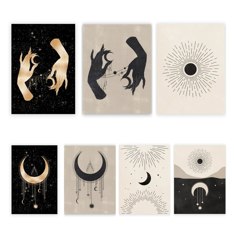 Poster Mond Sterne Gold Schwarz als Deko Print Ohne Rahmen