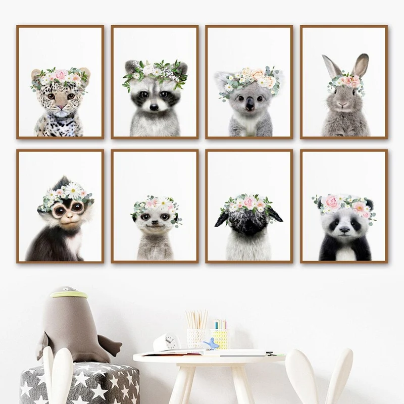 Poster Kinder Tiere mit Blumenkranz Hase Panda und Koala Bär als Deko Print ohne Rahmen
