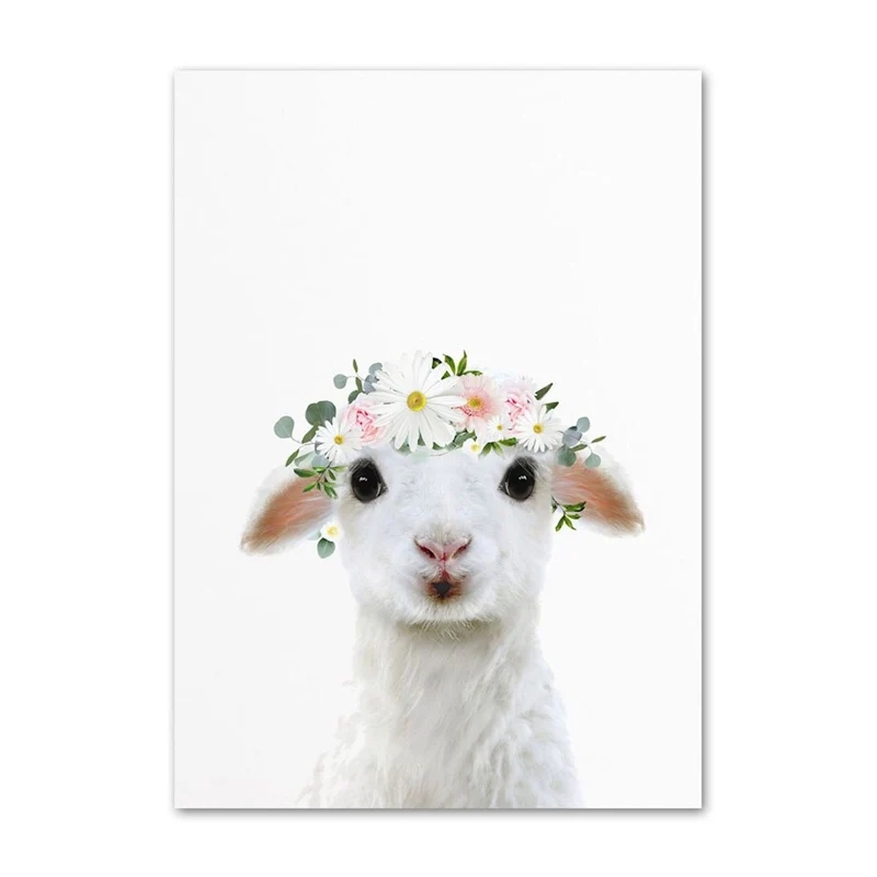 Poster Kinder Tiere mit Blumenkranz Schaaf Eichhörnchen und Eule als Deko Print ohne Rahmen