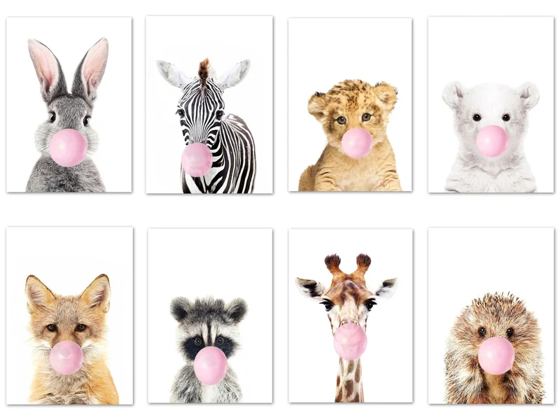 Poster Kinder Tiere mit rosa Kaugummi Giraffe Hase Igel Fuchs und Zebra als Deko Print ohne Rahmen