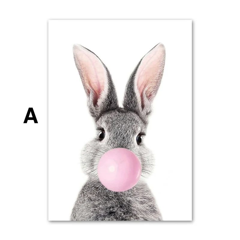 Poster Kinder Tiere mit rosa Kaugummi Giraffe Hase Igel Fuchs und Zebra als Deko Print ohne Rahmen