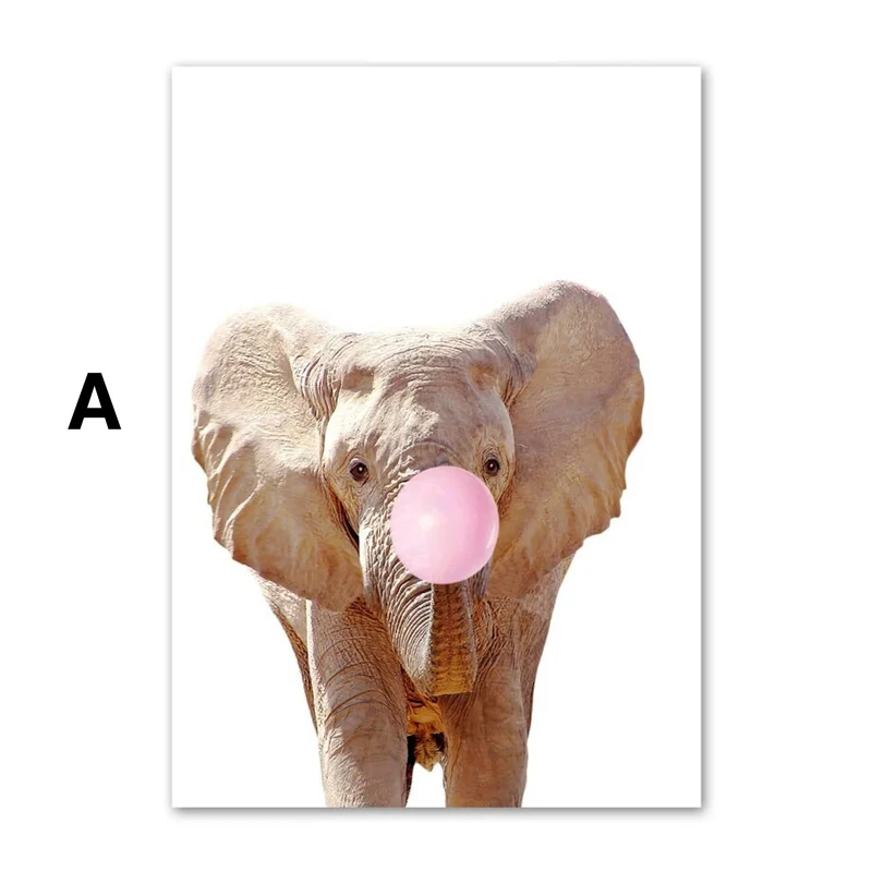 Poster Kinder Tiere mit rosa Kaugummi Panda Eule Alpaka Elefant Koala und Affe als Deko Print ohne Rahmen