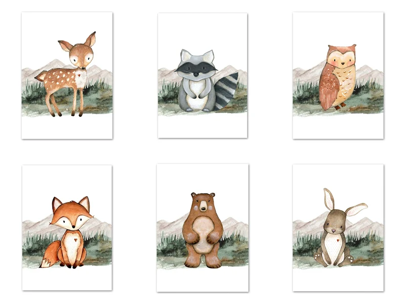 Poster Kinder Wald Tiere Fuchs Waschbär Reh Eule Fuchs Braunbär und Berge als Deko Print ohne Rahmen