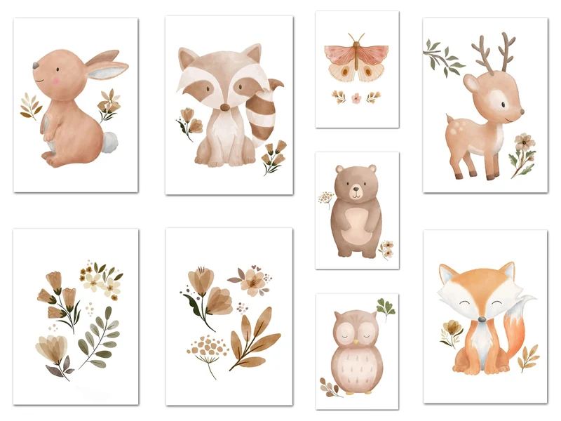 Poster Kinder Tiere Schmetterling Fuchs Eule Blumen Hase Reh und Bär als Deko Print ohne Rahmen