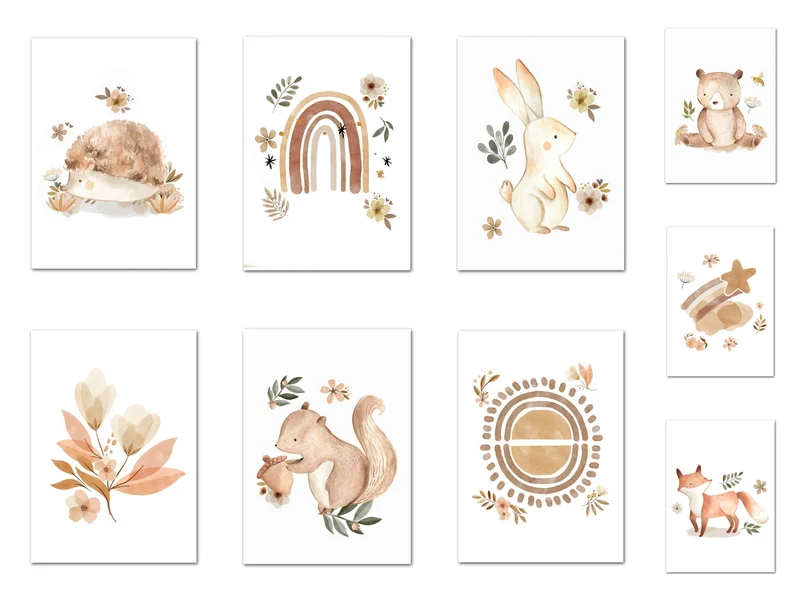 Poster Kinder Tiere Regenbogen Sternschnuppe Eichhörnchen Fuchs Igel Bär und Hase als Deko Print ohne Rahmen