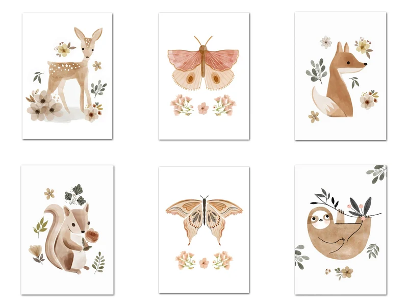Poster Kinder Tiere Reh Eichhörnchen Fuchs Faultier und Schmetterlinge im Boho Stil als Deko Print ohne Rahmen