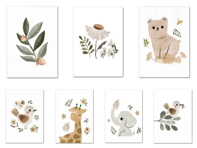 Poster Kinder Tiere Vogel Fuchs Elefant Giraffe Haselnuss Zweig Eichhörnchen als Deko Print ohne Rahmen