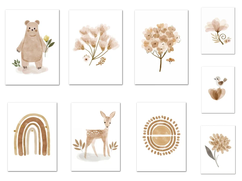 Poster Kinder süße Tiere im Boho Stil Bär Reh Regenbogen Vogel und Blume als Deko Print ohne Rahmen