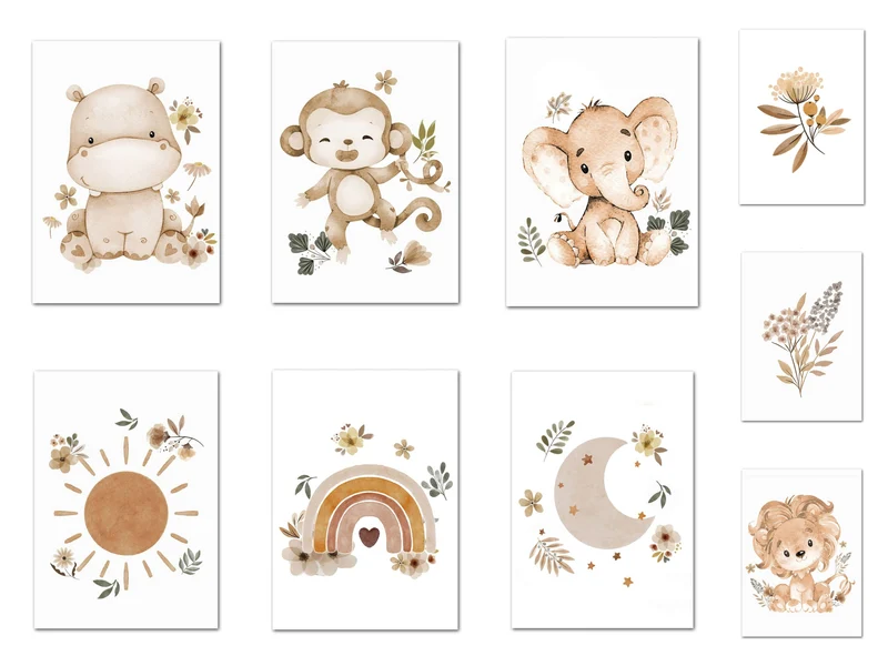 Poster Kinder süße Tiere im Boho Stil Nilpferd Elefant Löwe Regenbogen Sonne und Mond als Deko Print ohne Rahmen