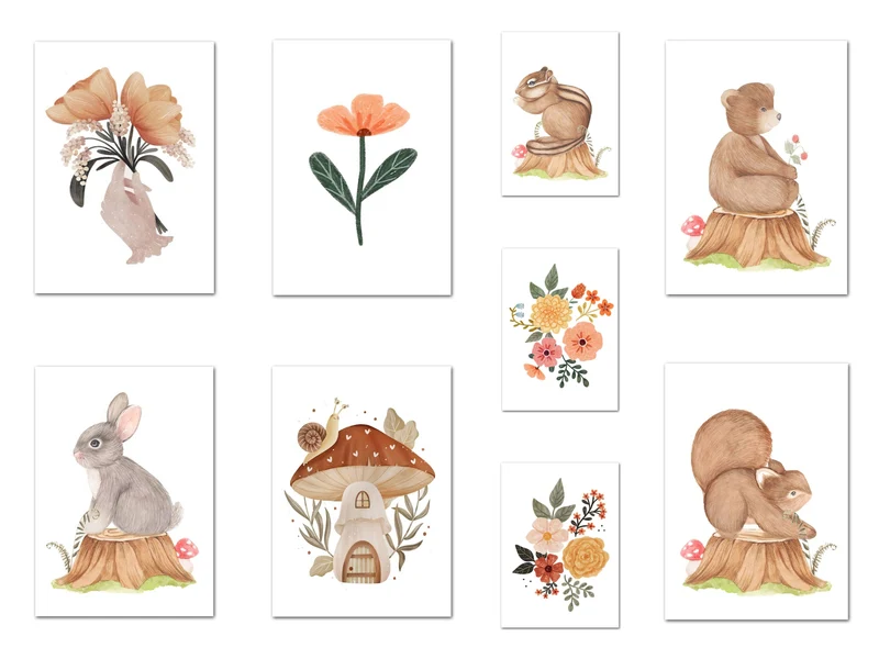 Poster Kinder süße Tiere im Boho Stil Bär Eichhörnchen Schnecke Pilzhaus und Blumen als Deko Print ohne Rahmen