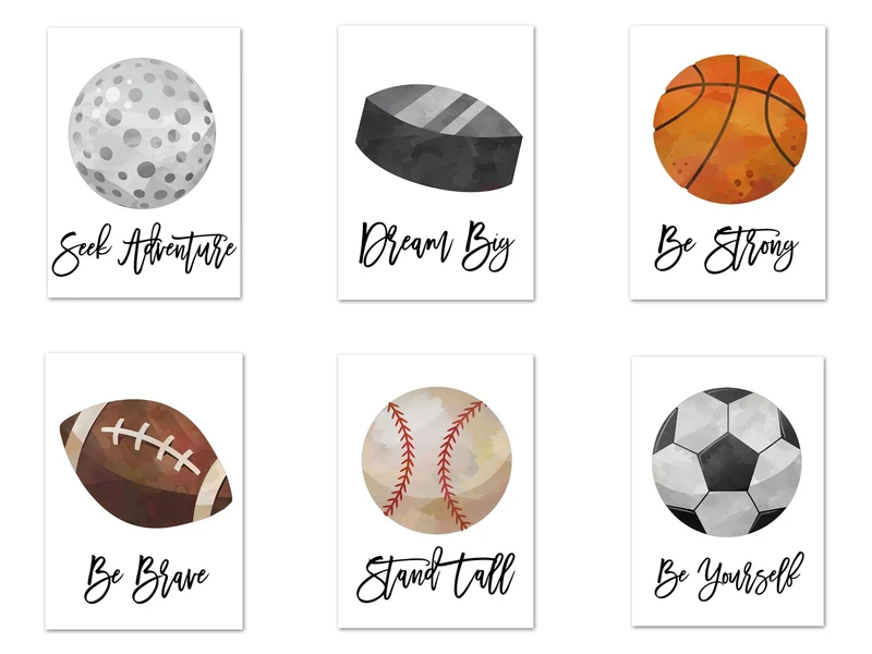 Poster Kinder Sportbälle Fußball Basketball Baseball Football Golfball und Eishockeypuck als Deko Print ohne Rahmen
