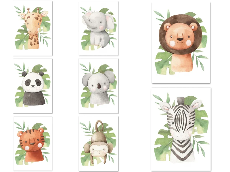 Poster Kinder süße Tiere mit Grünem Blatt Pandabär Giraffe Elefant Löwe Zebra Affe und Tiger als Deko Print ohne Rahmen