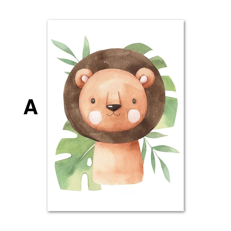 Poster Kinder süße Tiere mit Grünem Blatt Pandabär Giraffe Elefant Löwe Zebra Affe und Tiger als Deko Print ohne Rahmen