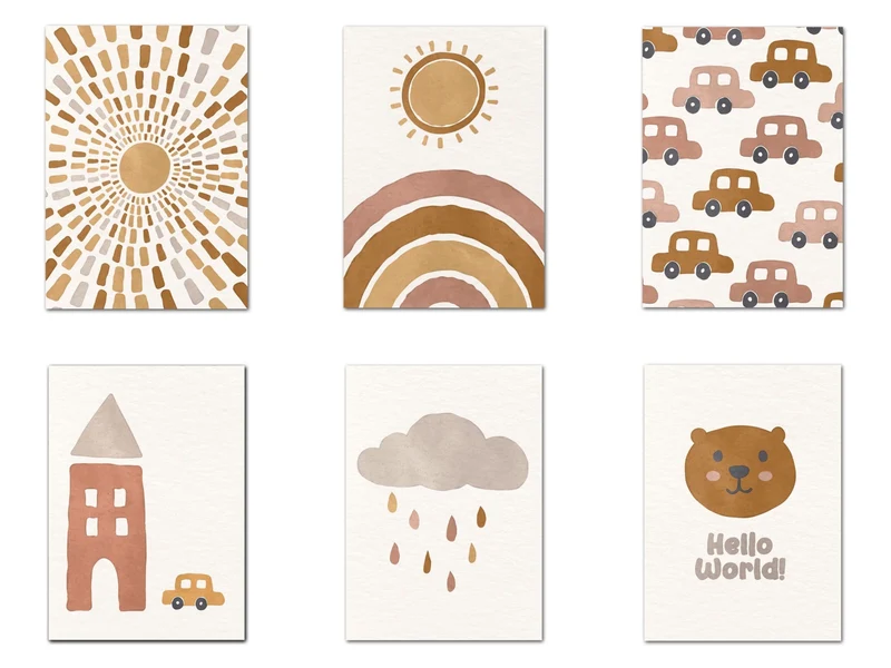 Poster Boho Kinderzimmer · Sonne · Autos · Hallo Welt · Turm als Deko Print ohne Rahmen