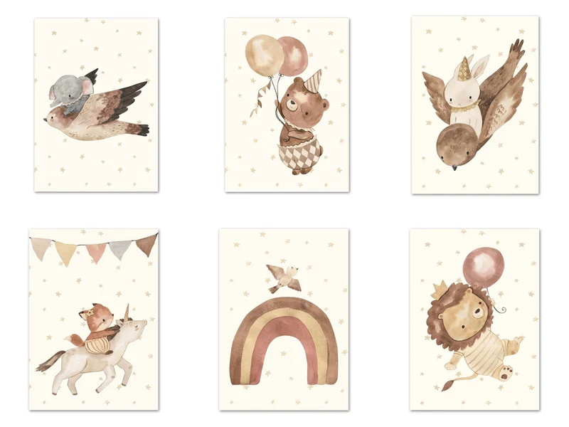 Poster Babyzimmer Bilder Löwe und Bär mit Luftballons Regenbogen Elefant und Hase fliegt und Sternenhimmel als Deko Print ohne Rahmen