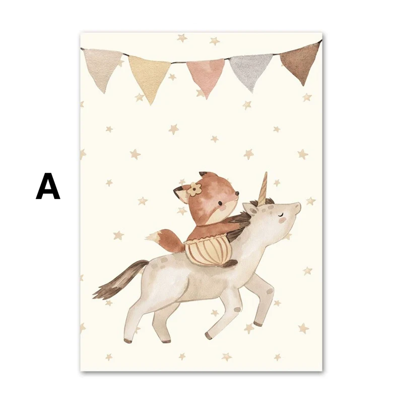 Poster Babyzimmer Bilder Löwe und Bär mit Luftballons Regenbogen Elefant und Hase fliegt und Sternenhimmel als Deko Print ohne Rahmen