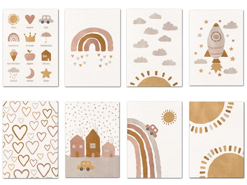 Poster Boho Kinderzimmer · Sonne · Autos · Hallo Welt · Turm als Deko Print ohne Rahmen