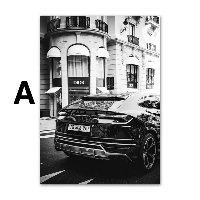 Poster Schwarz Weiß Luxus Geschäfte und Fahrzeuge als Deko Print ohne Rahmen
