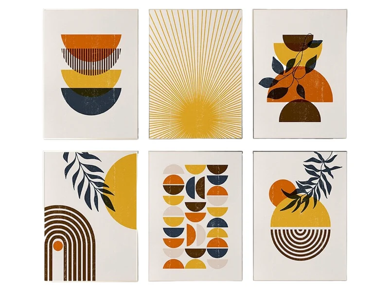 Poster Boho Abtrakt Sonne Halbkreise und Blätter mit Gelbtönen als Deko Print ohne Rahmen