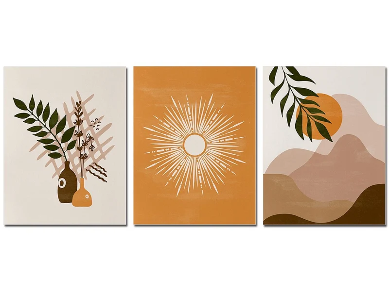 Poster Boho Abtrakt Sonne Berge und Pflanzen im Blumetopf als Deko Print ohne Rahmen