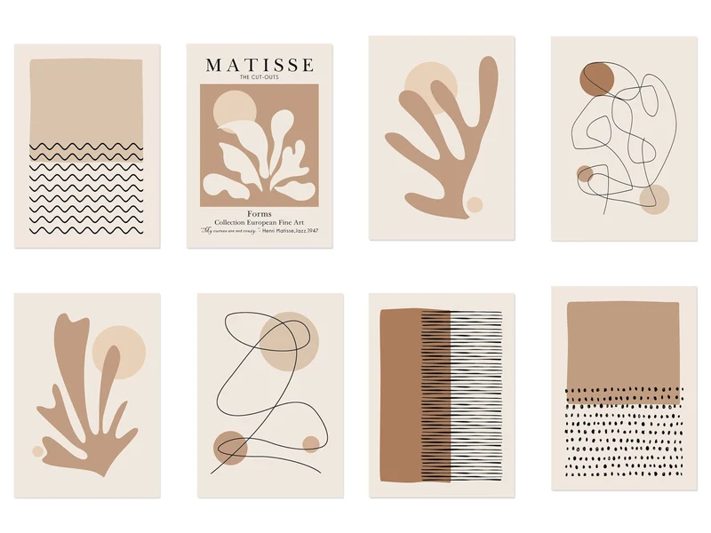 Poster Abstrakte Formen in Beige Braun und Linien Punkt Muster als Deko Print ohne Rahmen