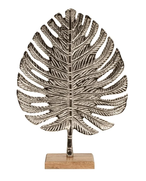 Silbernes Blatt-Meisterwerk Handgefertigte Skulptur auf Holzsockel für Eleganz & Stil in jedem Raum 32cm