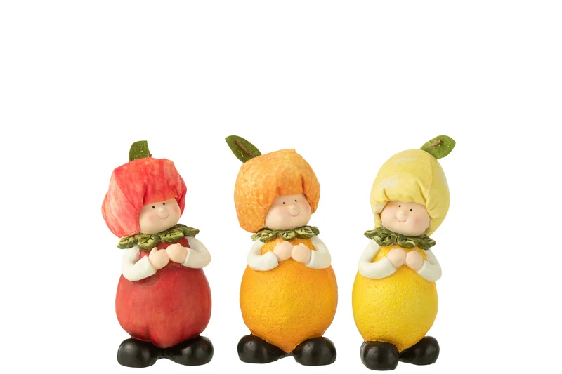 9er Set Kinderfiguren mit Zitrone, Orange und Apfel Motiven aus Polyresin, 3-fach sortiert – Charmante Deko für Zuhause und mehr