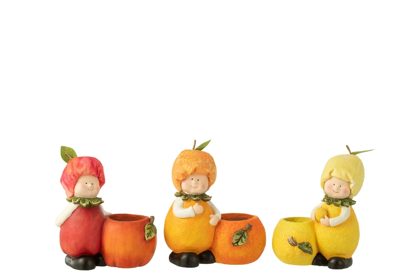 6er Set Kinder Pflanzer mit Zitrone, Orange und Apfel Motiven aus Polyresin, 3-fach sortiert – Farbenfrohe Innenraumdekoration