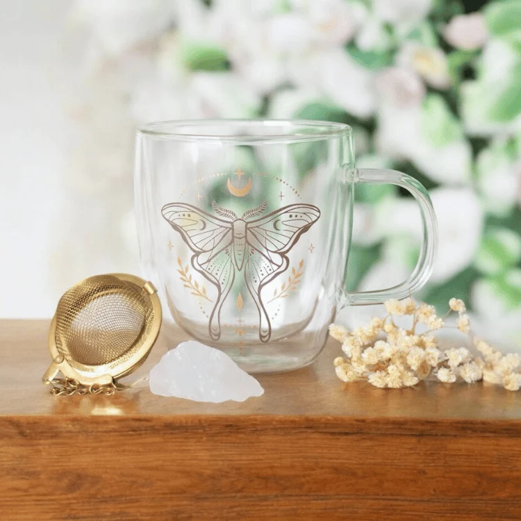 Mottentasse aus doppelwandigen Glas mit Teesieb & Kristall