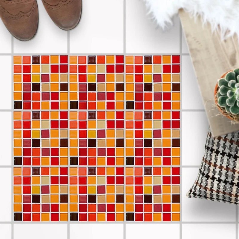 Fliesenaufkleber Boden für Küche & Bad - Design: Mosaik Rot-Orange