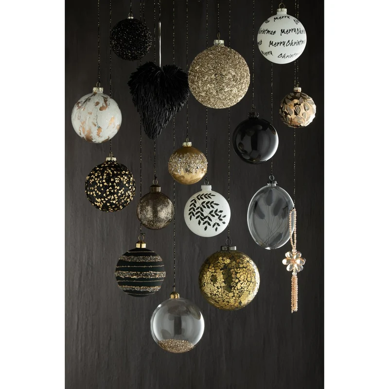 Box mit 4 Weihnachtskugeln, Glitzer-Pailletten, Glas, Schwarzgold, mittelgroß